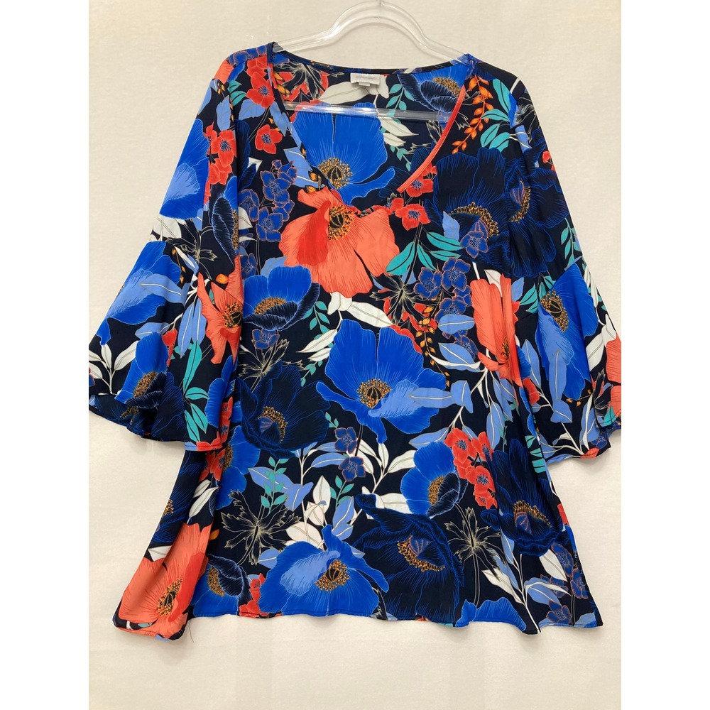 Avenue Blouse Size 18/20 Blue Orange Floral Bell Sleeve V-Neck Boho Resortwear